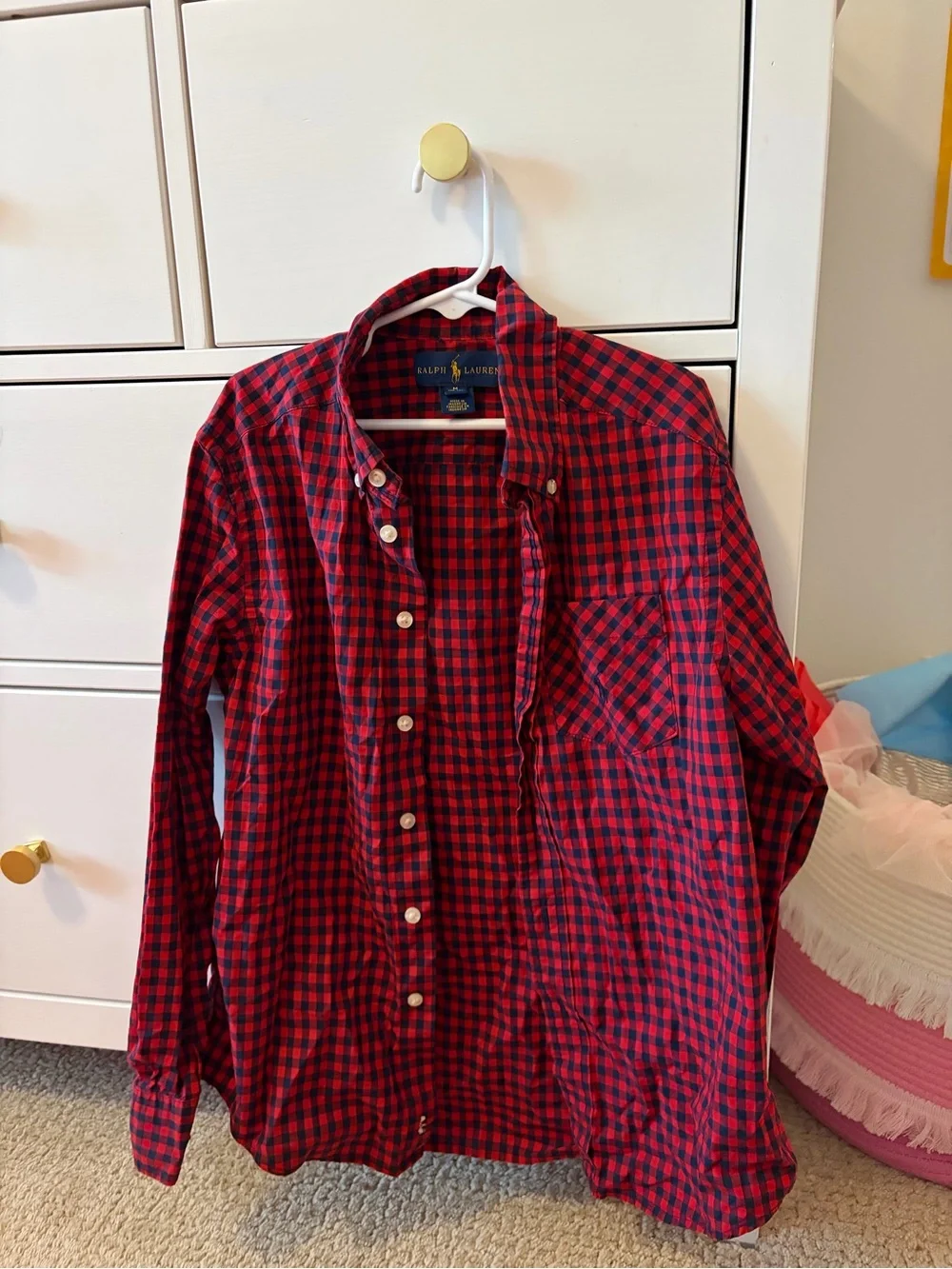 Polo Ralph Lauren Gingham Shirt Boys M 10 12 Red Cotton Button Up